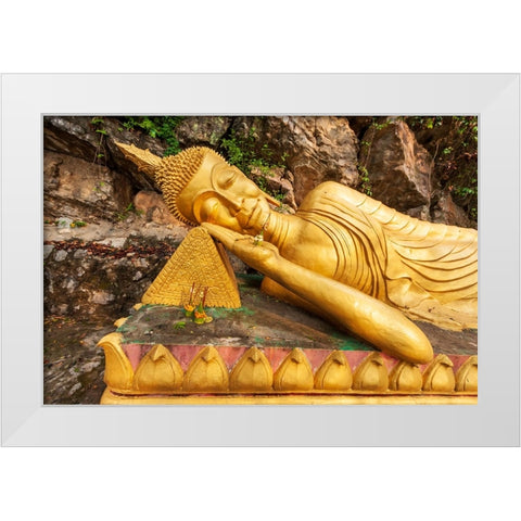 Laos- Luang Prabang. Reclining Buddha statue on Mount Phousi. White Modern Wood Framed Art Print by Haseltine, Tom