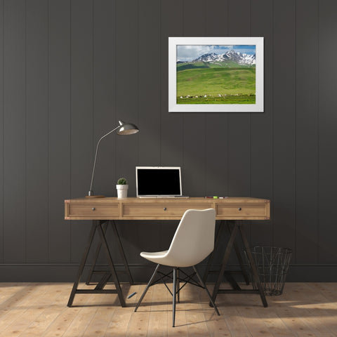 Summer pasture with traditional Yurts The Suusamyr plain-a high valley White Modern Wood Framed Art Print by Zwick, Martin