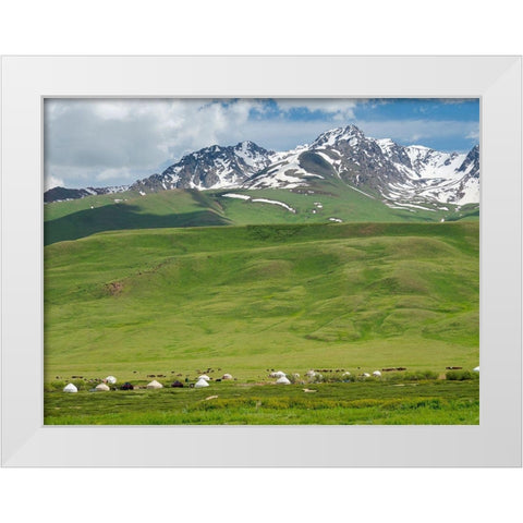 Summer pasture with traditional Yurts The Suusamyr plain-a high valley White Modern Wood Framed Art Print by Zwick, Martin