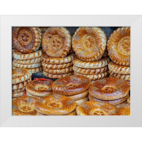Traditional bread called Lepjoschka Jayma Bazaar-one of the greatest traditional markets White Modern Wood Framed Art Print by Zwick, Martin