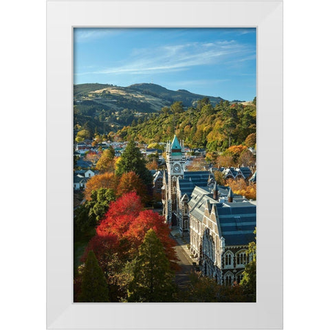 Clock Tower-Registry Building-University of Otago in Autumn-Dunedin White Modern Wood Framed Art Print by Wall, David