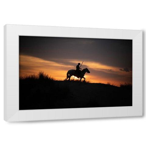 Europe-France-Provence-Camargue horse with rider at sunrise White Modern Wood Framed Art Print by Jaynes Gallery