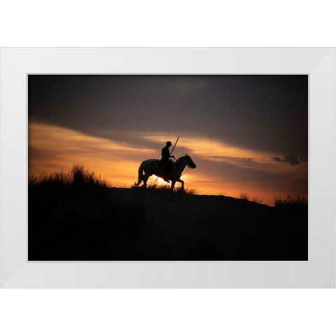 Europe-France-Provence-Camargue horse with rider at sunrise White Modern Wood Framed Art Print by Jaynes Gallery