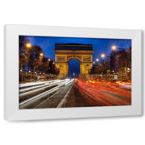 Traffic passes the Arch de Triumph on the Champs Elysee in Paris-France White Modern Wood Framed Art Print by Steve Mohlenkamp
