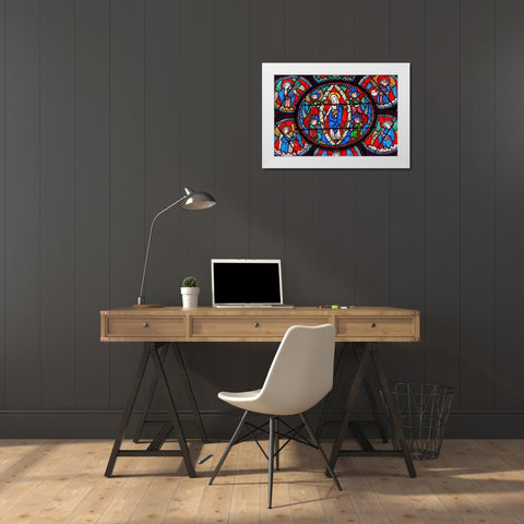 Virgin Mary-Angels stained glass-Notre Dame Cathedral-Paris-France White Modern Wood Framed Art Print by Perry, William