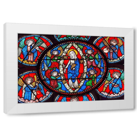 Virgin Mary-Angels stained glass-Notre Dame Cathedral-Paris-France White Modern Wood Framed Art Print by Perry, William