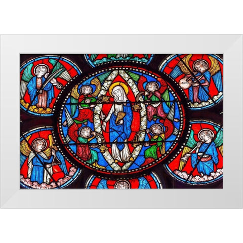 Virgin Mary-Angels stained glass-Notre Dame Cathedral-Paris-France White Modern Wood Framed Art Print by Perry, William