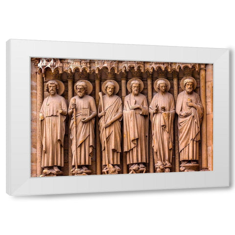 Biblical Saint statues and door-Notre Dame Cathedral-Paris-France White Modern Wood Framed Art Print by Perry, William