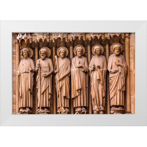 Biblical Saint statues and door-Notre Dame Cathedral-Paris-France White Modern Wood Framed Art Print by Perry, William