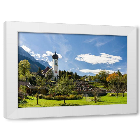 Church St-Johannes der Taufer-John the Baptist-Mount Zugspitze in the background-Village Grainau ne White Modern Wood Framed Art Print by Zwick, Martin