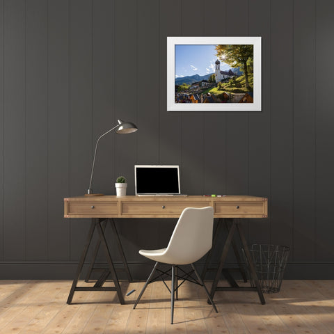 Church St-Johannes der Taufer-John the Baptist-Village Grainau near Garmisch-Partenkirchen and moun White Modern Wood Framed Art Print by Zwick, Martin