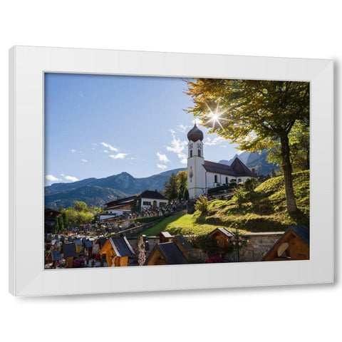 Church St-Johannes der Taufer-John the Baptist-Village Grainau near Garmisch-Partenkirchen and moun White Modern Wood Framed Art Print by Zwick, Martin