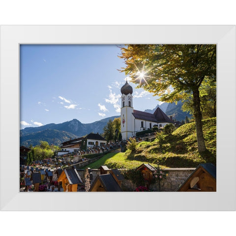 Church St-Johannes der Taufer-John the Baptist-Village Grainau near Garmisch-Partenkirchen and moun White Modern Wood Framed Art Print by Zwick, Martin
