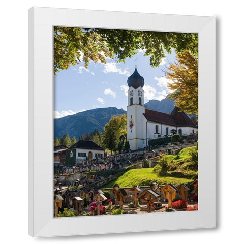Church St-Johannes der Taufer-John the Baptist-Village Grainau near Garmisch-Partenkirchen and moun White Modern Wood Framed Art Print by Zwick, Martin