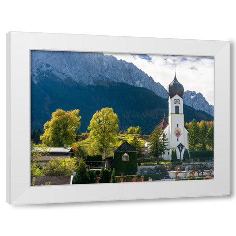 Church St-Johannes der Taufer-John the Baptist-Mount Zugspitze in the background-Village Grainau ne White Modern Wood Framed Art Print by Zwick, Martin