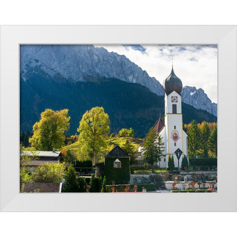 Church St-Johannes der Taufer-John the Baptist-Mount Zugspitze in the background-Village Grainau ne White Modern Wood Framed Art Print by Zwick, Martin