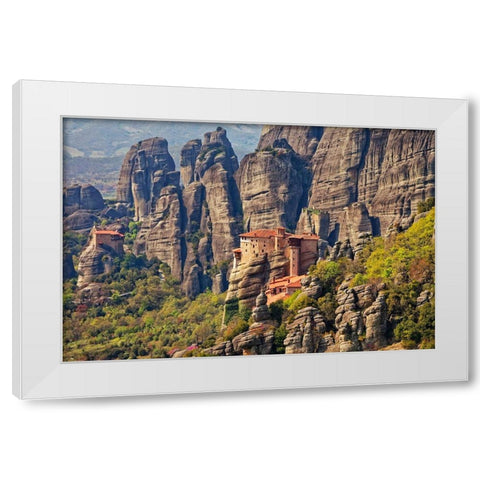 Greece-Meteora Greek Orthodox monasteries in the mountains White Modern Wood Framed Art Print by Jaynes Gallery