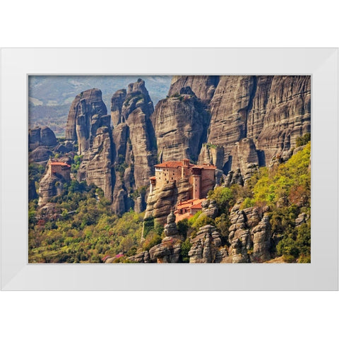 Greece-Meteora Greek Orthodox monasteries in the mountains White Modern Wood Framed Art Print by Jaynes Gallery