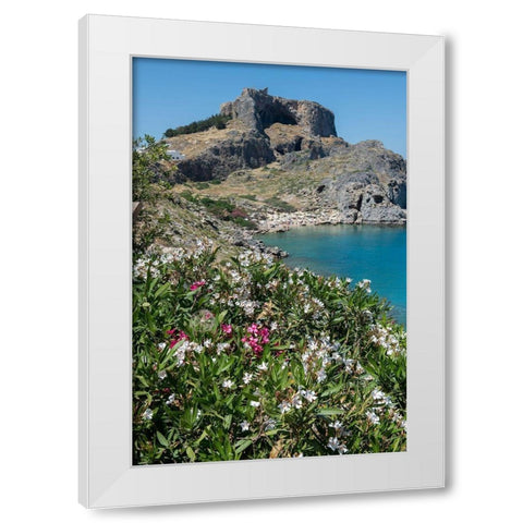 St Pauls Bay with the Acropolis of Lindos in the distance with the Temple of Athena Lindia White Modern Wood Framed Art Print by Hopkins, Cindy Miller