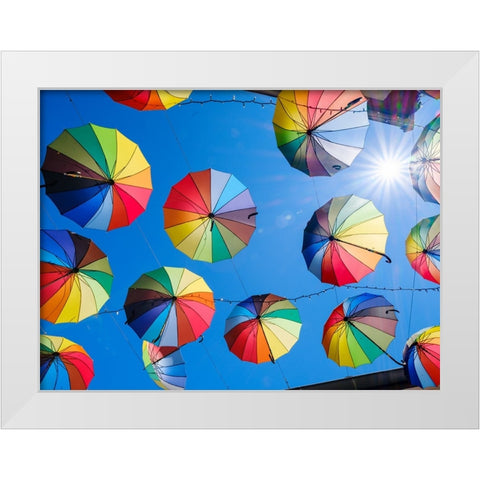 Alley of the Old Town with umbrellas. The town Szentendre near Budapest- Hungary White Modern Wood Framed Art Print by Zwick, Martin