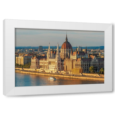 Tour boat passes Hungarys Parliament-built between 1884-1902 is the countrys largest building-It ha White Modern Wood Framed Art Print by Haseltine, Tom