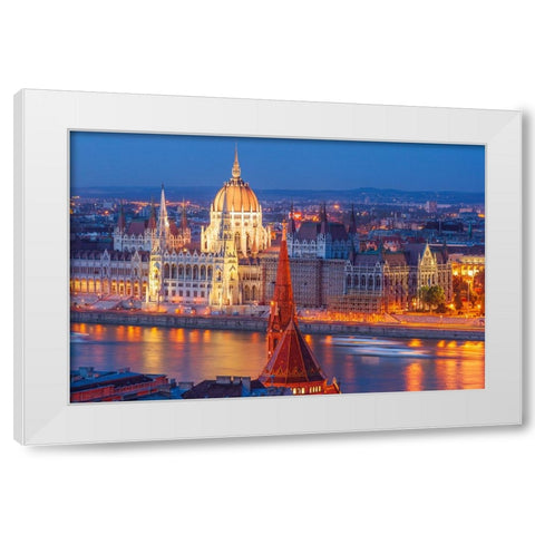 View of Parliament Buildings along Danube River at dusk-Budapest-Capital of Hungary-Europe White Modern Wood Framed Art Print by Haseltine, Tom