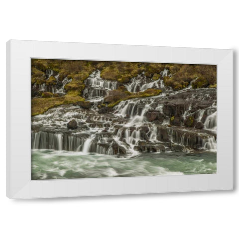 Iceland, Hraunfossar Waterfalls into stream White Modern Wood Framed Art Print by Illg, Cathy and Gordon