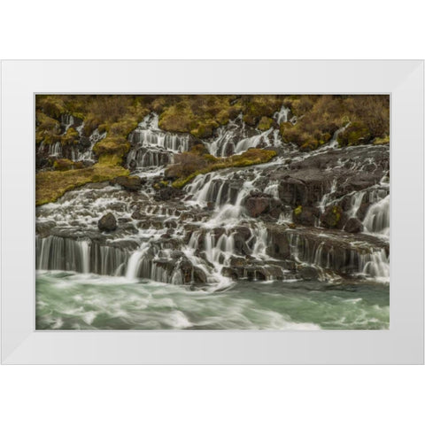 Iceland, Hraunfossar Waterfalls into stream White Modern Wood Framed Art Print by Illg, Cathy and Gordon