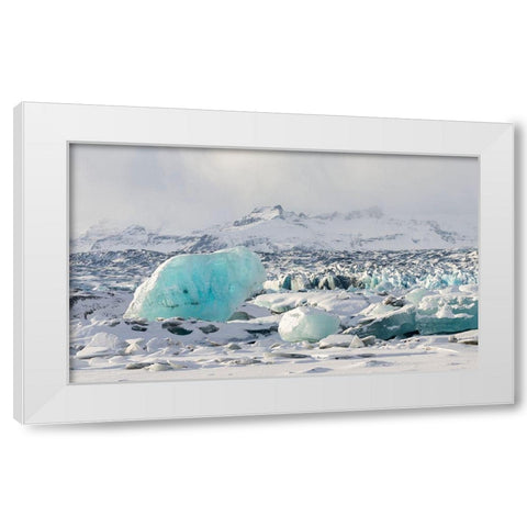 Northern shore of glacial lagoon Jokulsarlon with glacier Breidamerkurjokull White Modern Wood Framed Art Print by Zwick, Martin