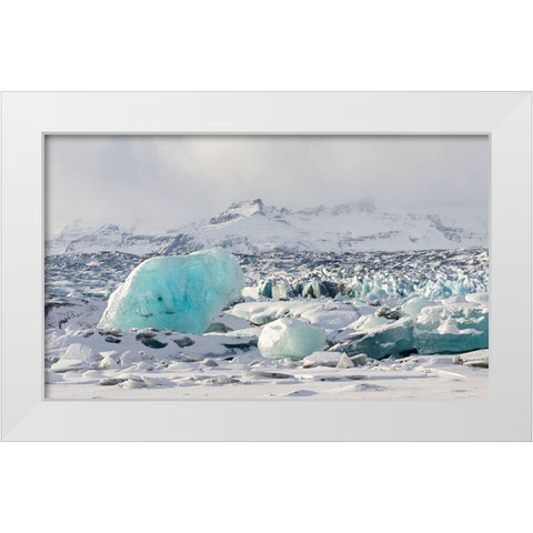 Northern shore of glacial lagoon Jokulsarlon with glacier Breidamerkurjokull White Modern Wood Framed Art Print by Zwick, Martin