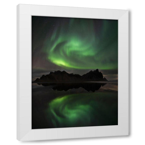 Northern Lights above Vestrahorn beach near Hofn in the southeast of Iceland White Modern Wood Framed Art Print by Steve Mohlenkamp