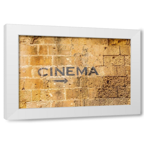 Italy-Basilicata-Province of Matera-Matera Sign on a wall pointing to a cinema-movie theater White Modern Wood Framed Art Print by Wilson, Emily