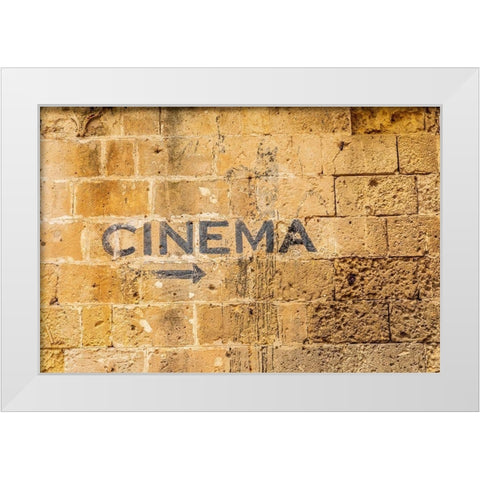 Italy-Basilicata-Province of Matera-Matera Sign on a wall pointing to a cinema-movie theater White Modern Wood Framed Art Print by Wilson, Emily