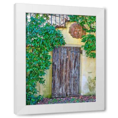 Italy-Chianti Old wooden door beneath a stairway with climbing vines and pottery art work White Modern Wood Framed Art Print by Eggers, Julie