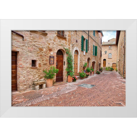 Italy-Tuscany-Pienza Flower pots and potted plants decorate a narrow street in a Tuscany village White Modern Wood Framed Art Print by Eggers, Julie