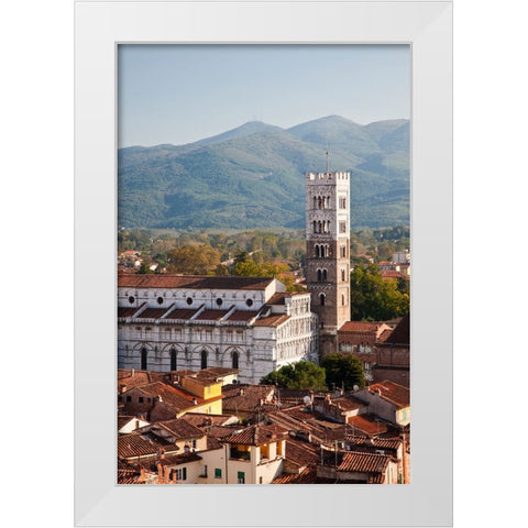 Italy-Tuscany-Lucca The rooftops of the historic Lucca medieval bell tower of St Martin Cathedral White Modern Wood Framed Art Print by Eggers, Julie