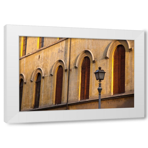 Italy-Tuscany-Lucca Street lamppost and arched windows with wooden shutters White Modern Wood Framed Art Print by Eggers, Julie