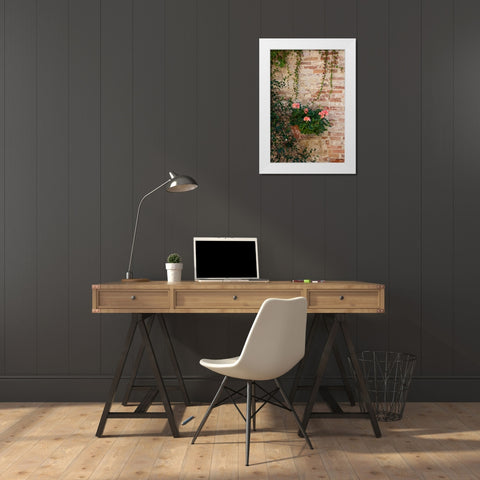 Italy-Tuscany-Montepulciano Geranium growing in a pot against an old brick building White Modern Wood Framed Art Print by Eggers, Julie