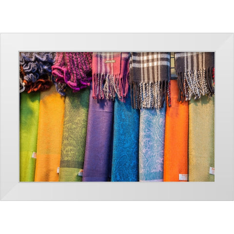 Italy-Venice Colorful scarfs on display and for sale along the streets of Venice White Modern Wood Framed Art Print by Eggers, Julie