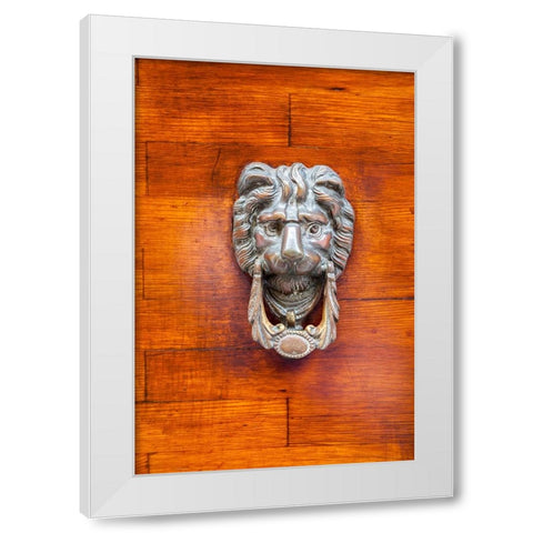 Italy-Venice-Burano Island Closeup of a lion head door knocker on a wooden door White Modern Wood Framed Art Print by Eggers, Julie