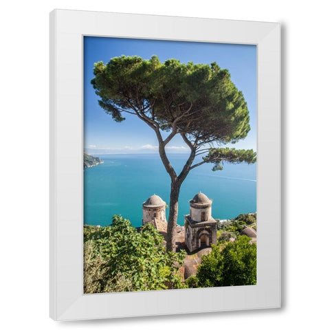Italy-Campania-Ravello View of the Amalfi Coast and the towers of Villa Rufolo White Modern Wood Framed Art Print by Eggers, Julie