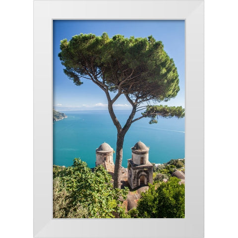 Italy-Campania-Ravello View of the Amalfi Coast and the towers of Villa Rufolo White Modern Wood Framed Art Print by Eggers, Julie