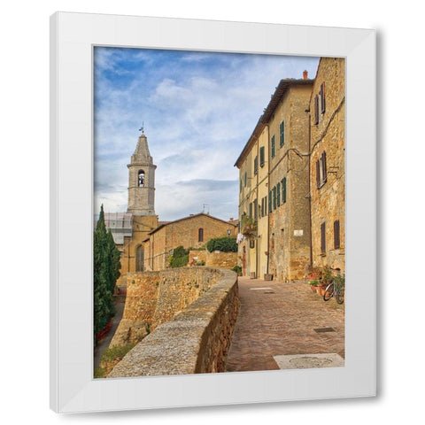 Italy-Tuscany-Pienza Walkway leading to the bell tower of the Pienza cathedral White Modern Wood Framed Art Print by Eggers, Julie
