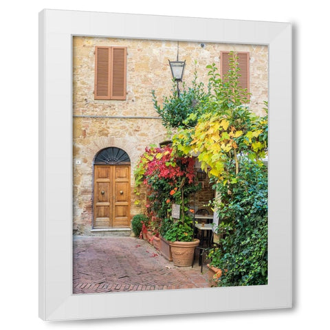 Italy-Tuscany-Pienza Doorway surrounded by flowers White Modern Wood Framed Art Print by Eggers, Julie