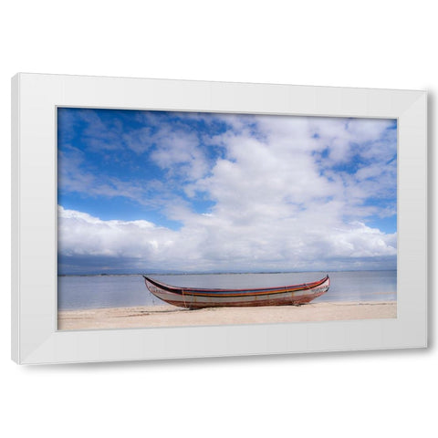 Europe-Portugal-Torreira-Traditional fishing boat on beach White Modern Wood Framed Art Print by Jaynes Gallery