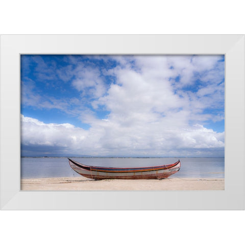Europe-Portugal-Torreira-Traditional fishing boat on beach White Modern Wood Framed Art Print by Jaynes Gallery