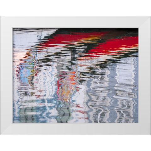 Portugal-Aveiro-Reflections of traditional and colorful salt boats-called Moliceiro-in the canals o White Modern Wood Framed Art Print by Eggers, Julie