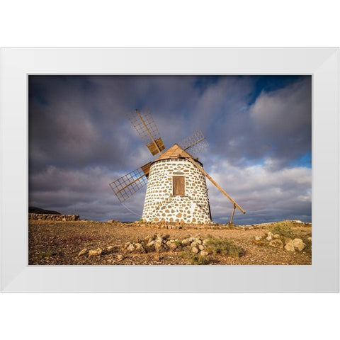 Canary Islands-Fuerteventura Island-La Oliva-traditional windmill White Modern Wood Framed Art Print by Bibikow, Walter