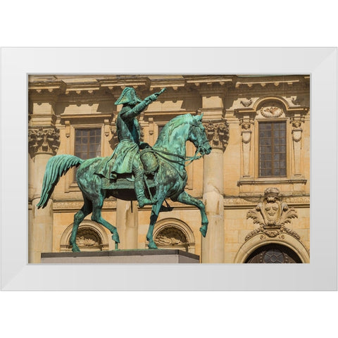 Sweden-Stockholm-Gamla Stan-Old Town-Royal Palace-statue of King Carl Johan XIV White Modern Wood Framed Art Print by Bibikow, Walter