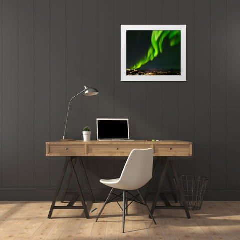 Northern lights over Nuuk. - Greenland- Danish Territory White Modern Wood Framed Art Print by Zwick, Martin